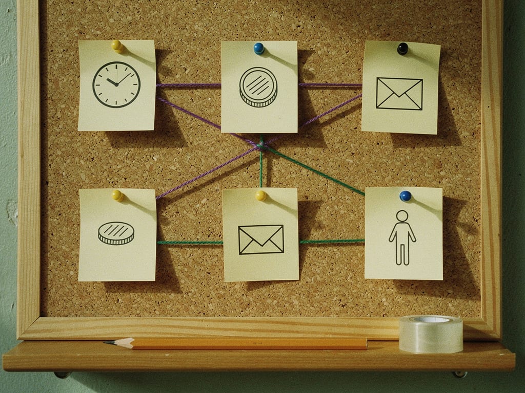 A corkboard mapping a lottery shop's weekly tasks with index cards, pins and string