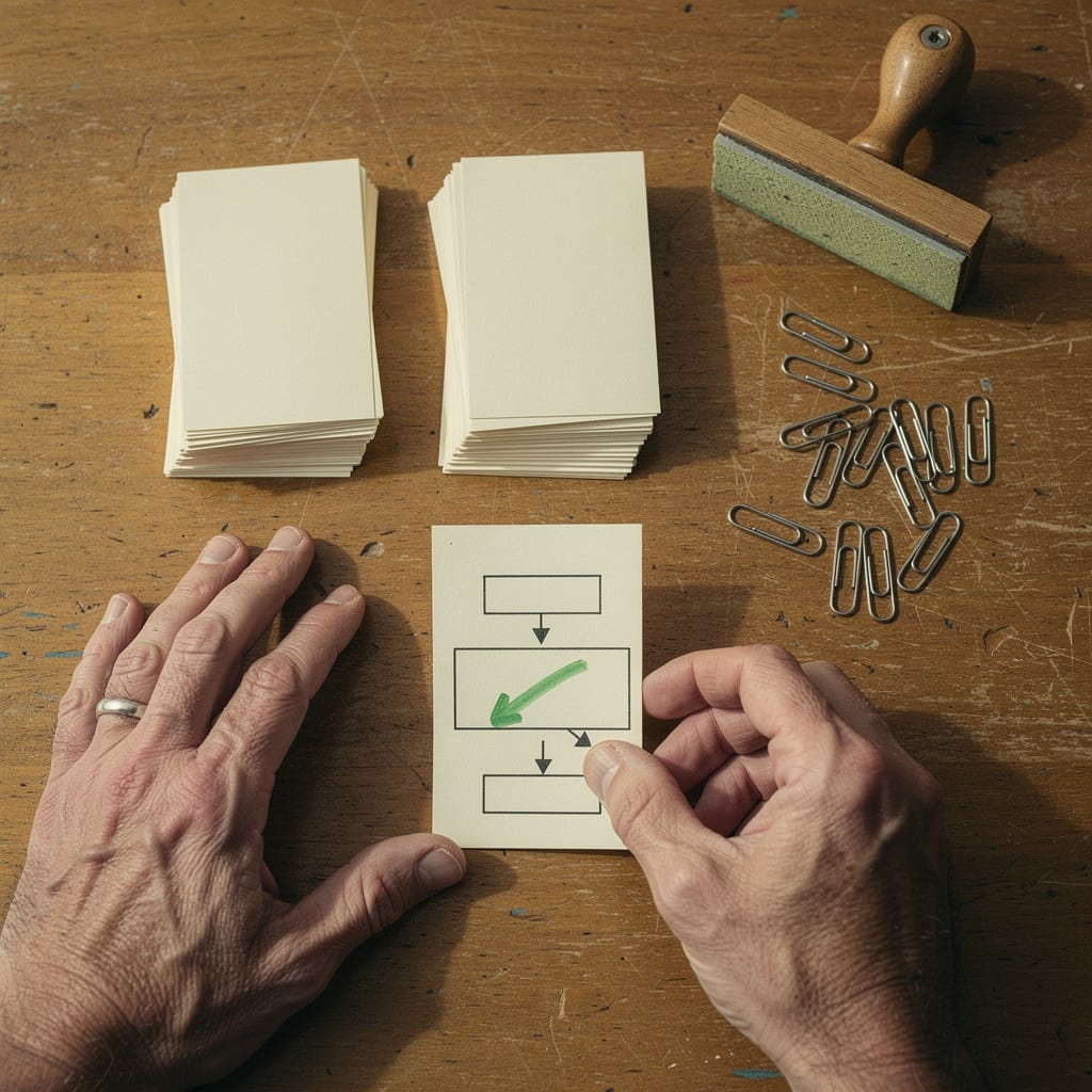 Hands sorting blank betting slips into labelled piles guided by a hand-drawn flowchart card