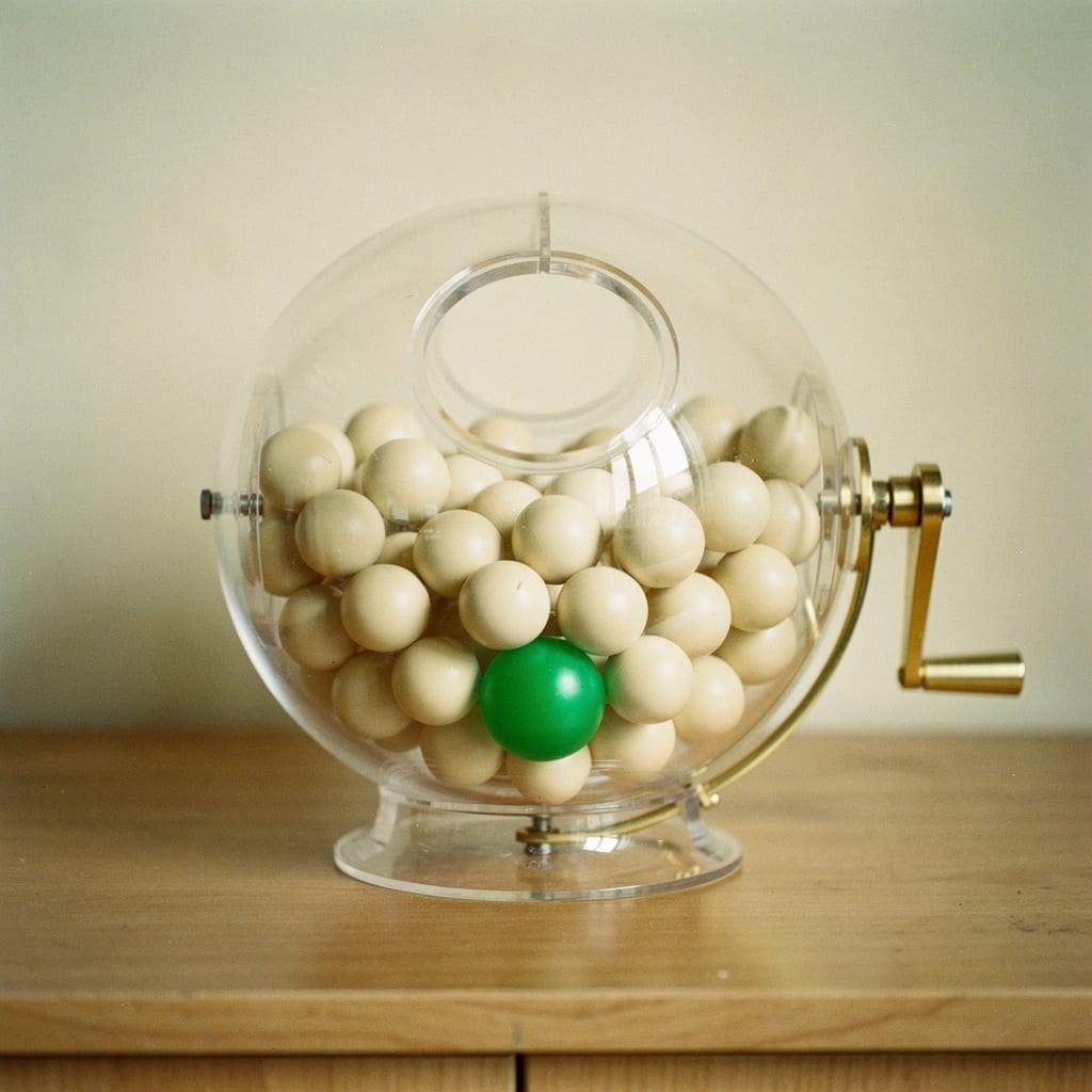 A transparent acrylic lottery drawing globe with plain cream balls and a single green ball