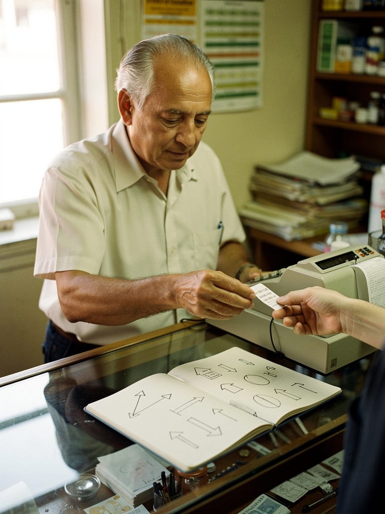 An older lottery-shop owner serves a customer with his workshop notebook open beside the till